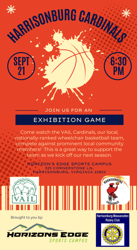 Harrisonburg Cardinals
Sept 21 6:30 Pm
Join Us For An Exhibition Game
Horizon's Edge Sports Campus
325 Cornerstone Ln, Harrisonburg VA 22802
Brought to you by Horizons Edge Sports Campus and Harrisonburg-Massanutten Rotary Club