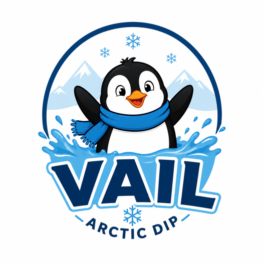 VAIL Arctic Dip logo featuring a penguin wearing a blue scarf splashing in the water